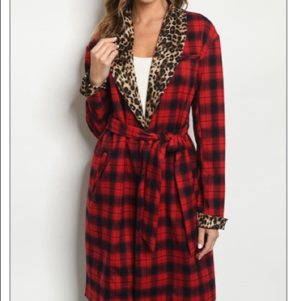 Red and Black buffalo Plaid Cheetah-leopard print jacket with waist tie - Picture 2 of 10